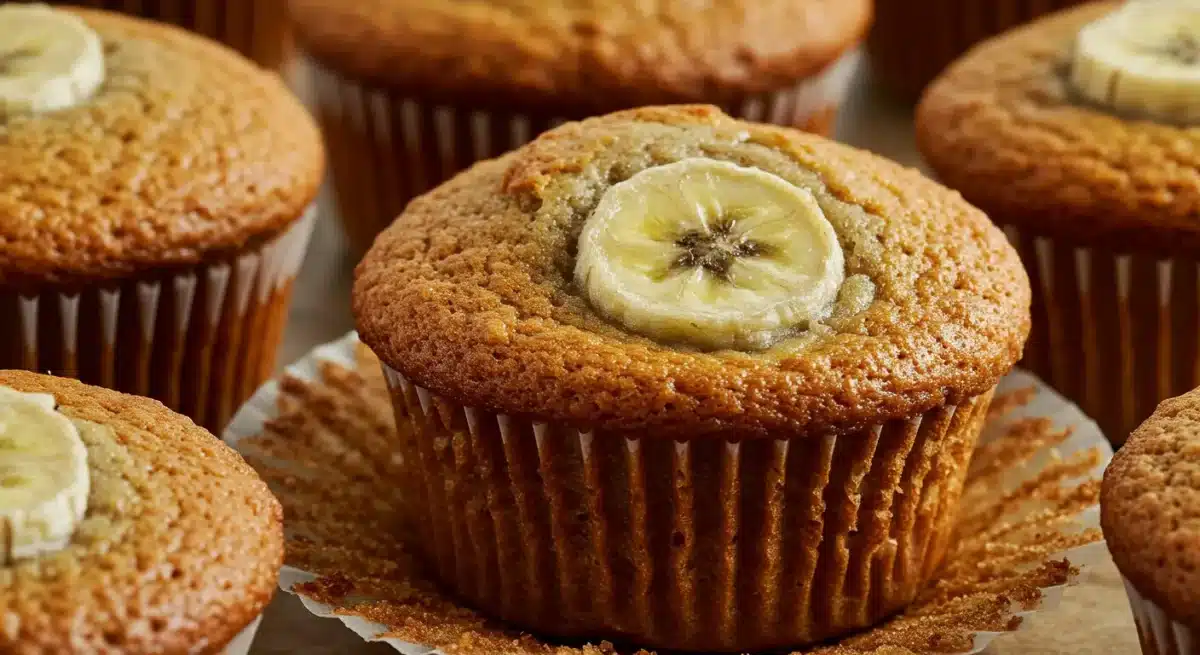 The Ultimate Guide to Making Fluffy Sourdough Banana Muffins with Discard Freshly baked sourdough banana muffins with golden-brown tops and small caramelized banana slices baked into the surface.