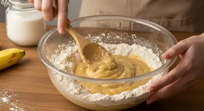 Easy Moist Banana Bread Recipe: Fluffy, Quick, and Foolproof Guide Hands using a wooden spoon to gently fold the wet banana mixture into the dry flour mixture inside a glass bowl.