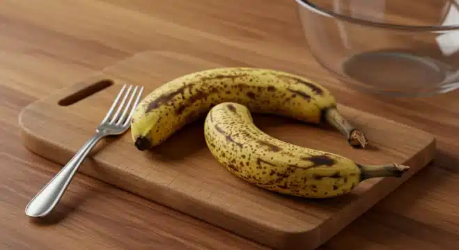 Easy Moist Banana Bread Recipe: Fluffy, Quick, and Foolproof Guide Two ripe bananas with brown spots on a cutting board, next to a glass mixing bowl and a fork on a wooden countertop.
