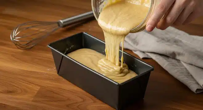 Easy Moist Banana Bread Recipe: Fluffy, Quick, and Foolproof Guide Hands carefully pouring banana bread batter into a greased loaf pan on a wooden countertop.