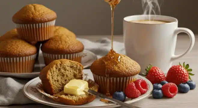 Banana Muffins Recipe: A Delightful and Easy Treat A plate of banana muffins served with butter, coffee, and fresh fruit.