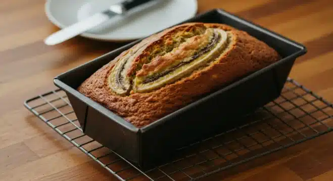 Easy Moist Banana Bread Recipe: Fluffy, Quick, and Foolproof Guide A freshly baked banana bread loaf in its pan, cooling on a wire rack, with a knife and plate nearby.