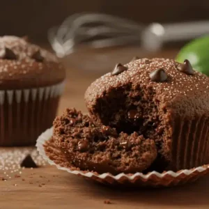 Easy Chocolate Zucchini Muffins: A Healthy and Delicious Treat A close-up of freshly baked chocolate zucchini muffins with a bite taken out, revealing a moist and rich interior, placed on a rustic wooden table.