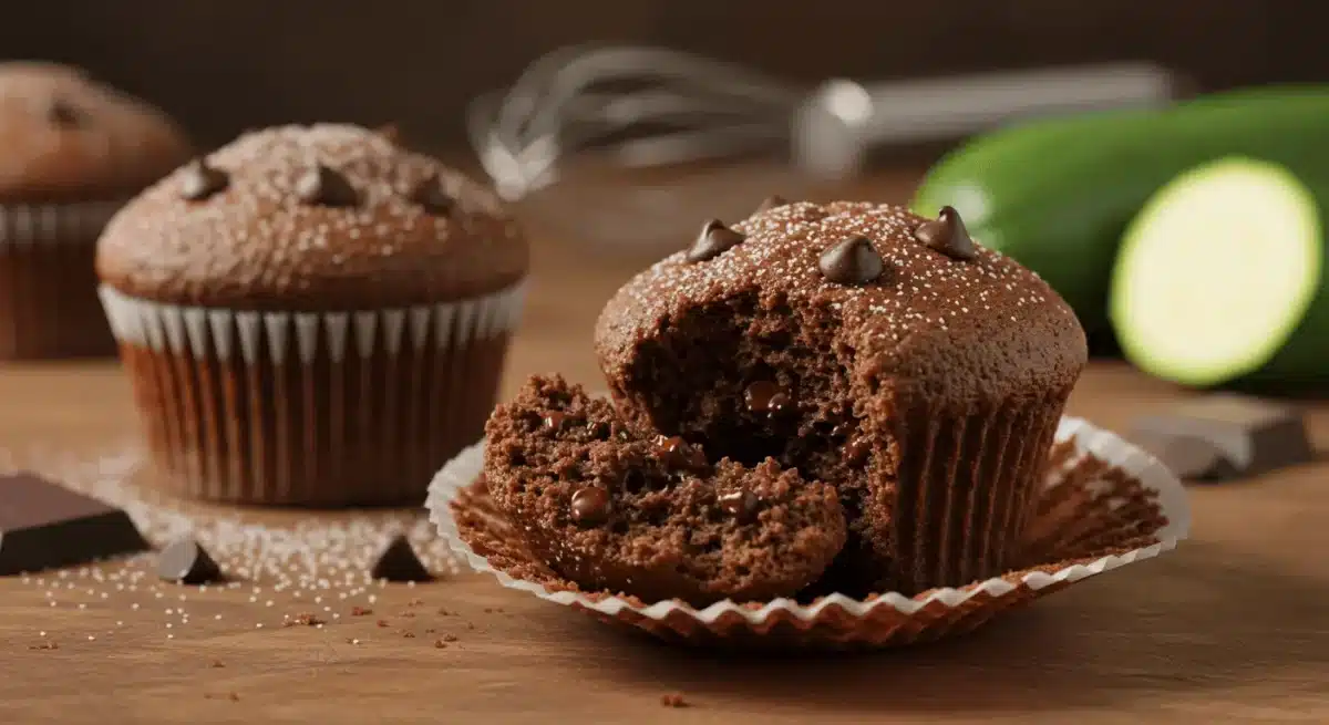 Easy Chocolate Zucchini Muffins: A Healthy and Delicious Treat A close-up of freshly baked chocolate zucchini muffins with a bite taken out, revealing a moist and rich interior, placed on a rustic wooden table.