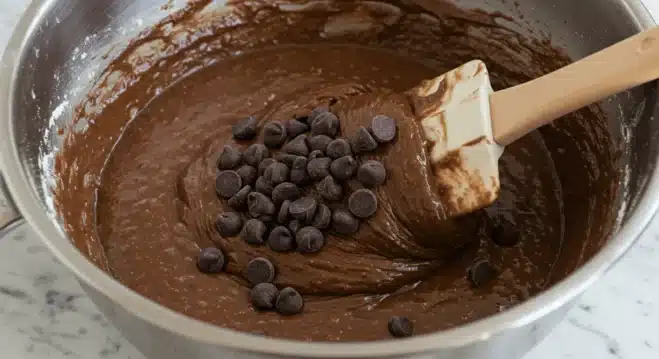 Easy Chocolate Zucchini Muffins: A Healthy and Delicious Treat A muffin tin filled with chocolate zucchini muffin batter, evenly portioned in cupcake liners with chocolate chips sprinkled on top, ready to be baked.