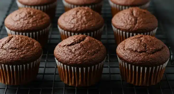 Easy Chocolate Zucchini Muffins: A Healthy and Delicious Treat A close-up of freshly baked chocolate zucchini muffins cooling on a wire rack, with cracked tops revealing a moist and chocolatey interior.