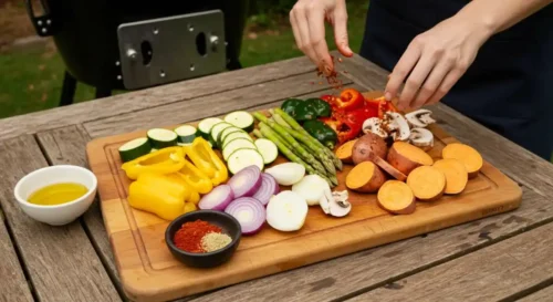 How to Make Smoked Vegetables – The Ultimate Step-by-Step Guide A tray of fresh vegetables, including bell peppers, zucchini, and mushrooms, seasoned and ready for smoking.