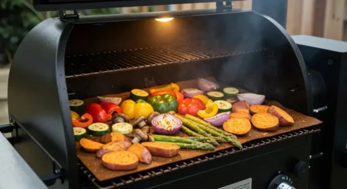 How to Make Smoked Vegetables – The Ultimate Step-by-Step Guide A smoker filled with colorful vegetables, including asparagus, mushrooms, and onions, slowly absorbing rich smoky flavor.