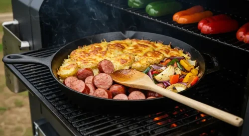 How to Make Smoked Vegetables – The Ultimate Step-by-Step Guide A hearty dish of smoked sausage, scalloped potatoes, and seasoned vegetables, fresh from the smoker.