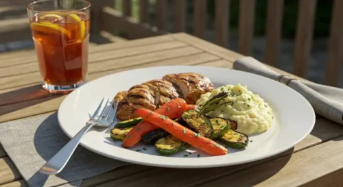 How to Make Smoked Vegetables – The Ultimate Step-by-Step Guide A serving of smoked vegetables plated alongside grilled chicken and mashed potatoes.