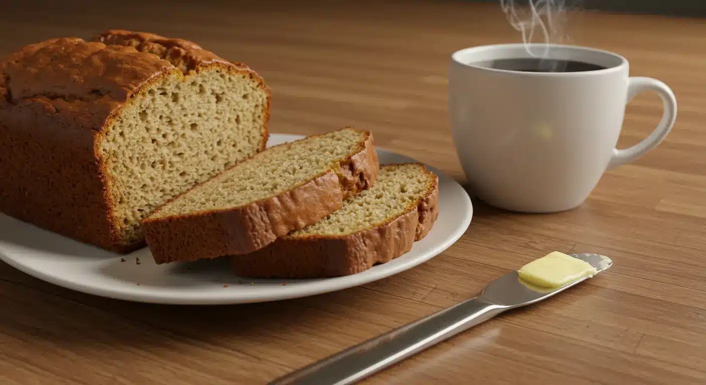 Easy Moist Banana Bread Recipe: Fluffy, Quick, and Foolproof Guide A top-down view of a moist banana bread slice on a white ceramic plate, showcasing its soft texture and golden-brown crust. A steaming cup of coffee sits beside it on a wooden table, creating a cozy and inviting atmosphere.