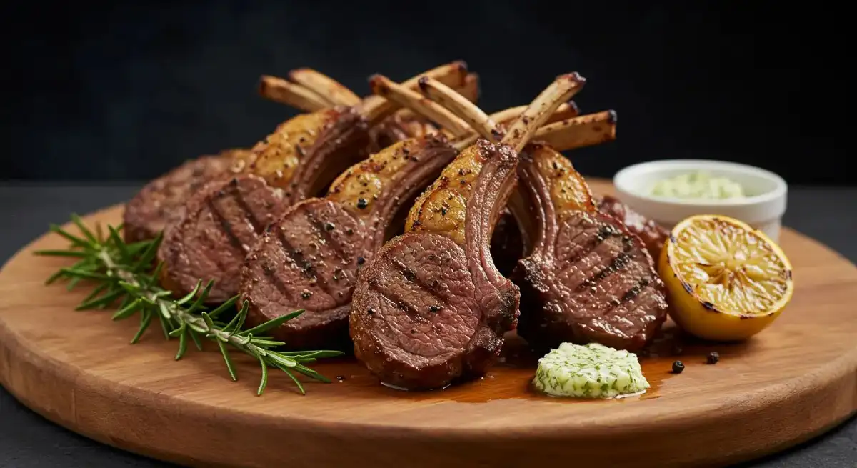 Smoked Lamb Loin Chops recipe – How to Get Perfect Crust Smoked lamb loin chops served on a wooden platter with rosemary and grilled lemon.
