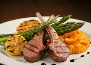 Smoked Lamb Loin Chops recipe – How to Get Perfect Crust Smoked lamb loin chops plated with asparagus, mashed sweet potatoes, and balsamic.