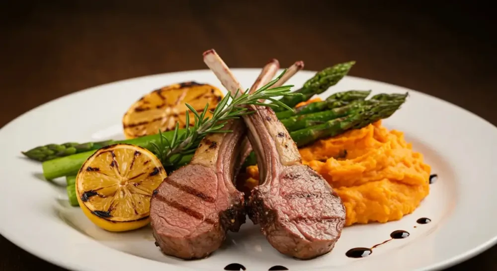 Smoked lamb loin chops plated with asparagus, mashed sweet potatoes, and balsamic reduction.
