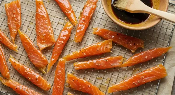 Ultimate Smoked Salmon Crossword Clues Homemade smoked salmon jerky on a wire rack, ready for drying.