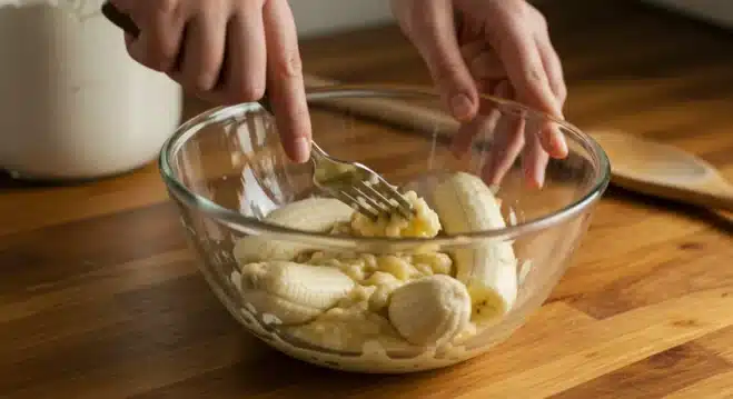 Easy Moist Banana Bread Recipe: Fluffy, Quick, and Foolproof Guide Hands using a silver fork to mash two ripe bananas in a glass mixing bowl on a wooden countertop.