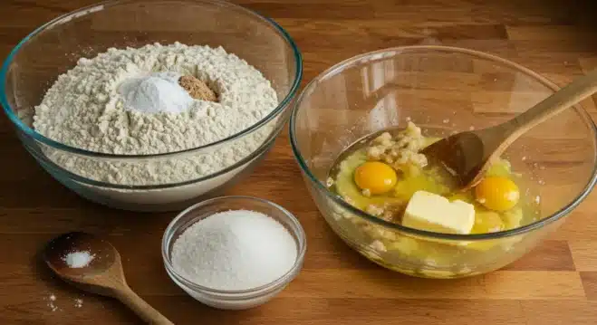 Easy Moist Banana Bread Recipe: Fluffy, Quick, and Foolproof Guide Two glass bowls on a wooden countertop—one with mashed bananas, eggs, and butter, the other with flour, baking soda, and salt.