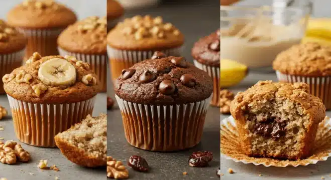 Banana Muffins Recipe: A Delightful and Easy Treat A variety of banana muffins on a wooden tray, including chocolate chip, nut, and blueberry variations.
