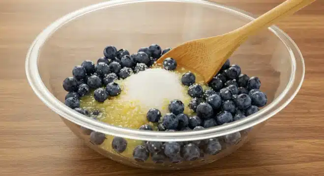 The Best Blueberry Cobbler Recipe Made Easy A white ceramic baking dish with fresh blueberries mixed with sugar, lemon juice, and cornstarch, stirred with a wooden spoon on a rustic countertop.