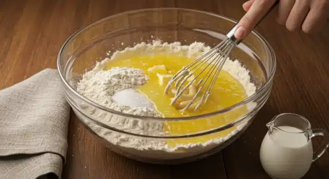 The Best Blueberry Cobbler Recipe Made Easy A glass bowl with flour, sugar, and melted butter being whisked. Milk and butter rest on a linen napkin beside the white ceramic baking dish.