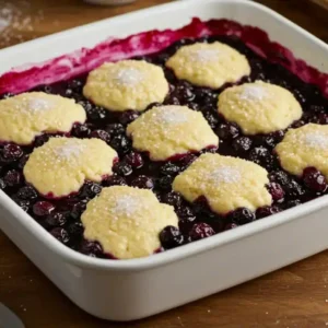 The Best Blueberry Cobbler Recipe Made Easy A white ceramic baking dish filled with blueberries, topped with biscuit batter. The dish sits on a rustic countertop, ready for baking.
