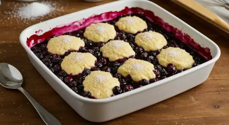 The Best Blueberry Cobbler Recipe Made Easy A white ceramic baking dish filled with blueberries, topped with biscuit batter. The dish sits on a rustic countertop, ready for baking.