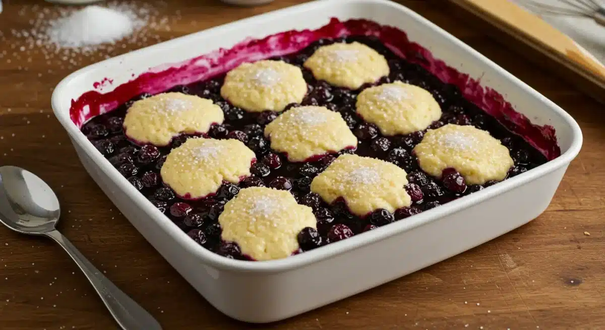 The Best Blueberry Cobbler Recipe Made Easy A white ceramic baking dish filled with blueberries, topped with biscuit batter. The dish sits on a rustic countertop, ready for baking.