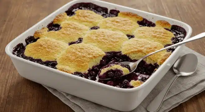 The Best Blueberry Cobbler Recipe Made Easy A baked blueberry cobbler in a white ceramic dish. The golden crust has blueberries bubbling through, sitting on a rustic wooden countertop.