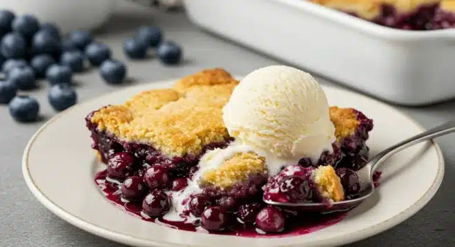 The Best Blueberry Cobbler Recipe Made Easy A slice of blueberry cobbler on a white plate with vanilla ice cream melting on top. The baking dish sits in the background on a rustic countertop.