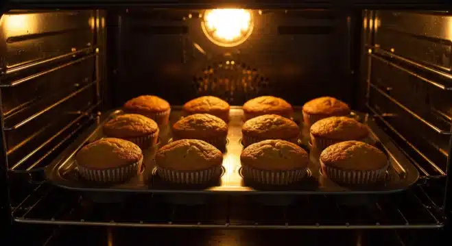 How to Make Classic Kodiak Banana Muffins Tray of Kodiak banana muffins baking in the oven, with golden tops forming, positioned in the center rack for even baking.
