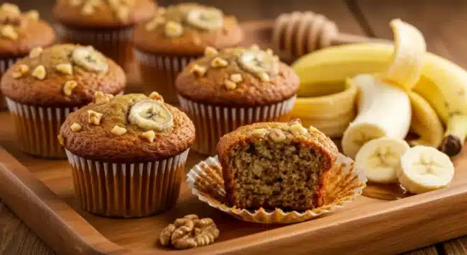 The Ultimate Guide To Kodiak Cakes Muffins Freshly baked Kodiak banana muffins with walnuts, honey drizzle, and a peeled banana on a wooden tray in a cozy kitchen setting.