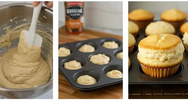 The Ultimate Guide To Kodiak Cakes Muffins Step-by-step collage showing the process of mixing, filling muffin trays, and baking fluffy Kodiak Cakes muffins.