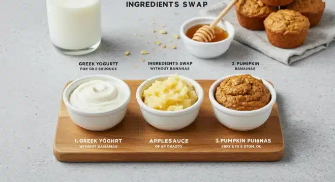 Delicious Kodiak Cakes Muffins Without Bananas Best banana substitutes for Kodiak Cakes muffins—Greek yogurt, applesauce, and pumpkin puree on a wooden board.