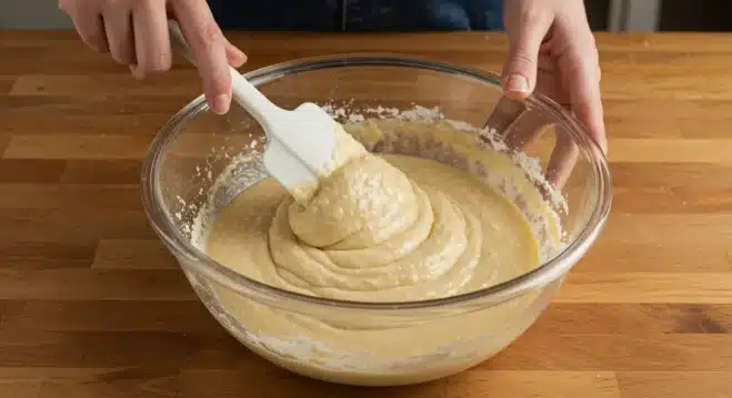 Delicious Kodiak Cakes Muffins Without Bananas Gently folding Kodiak Cakes mix into wet ingredients to create a thick, airy batter for banana-free muffins.