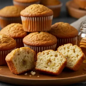 Delicious Kodiak Cakes Muffins Without Bananas Freshly baked Kodiak Cakes muffins without bananas, golden brown with a fluffy texture, served with honey on a wooden plate.