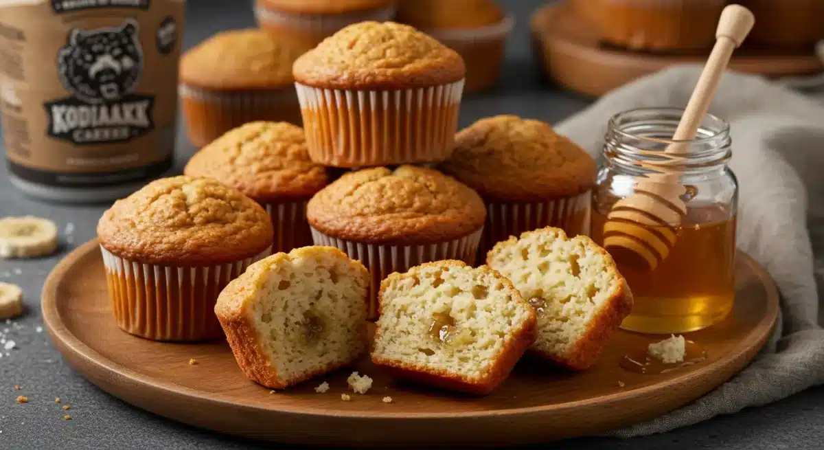 Delicious Kodiak Cakes Muffins Without Bananas Freshly baked Kodiak Cakes muffins without bananas, golden brown with a fluffy texture, served with honey on a wooden plate.