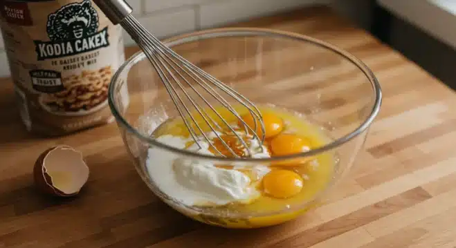 Delicious Kodiak Cakes Muffins Without Bananas Whisking eggs, milk, honey, and Greek yogurt in a mixing bowl—key wet ingredients for Kodiak muffins without bananas.