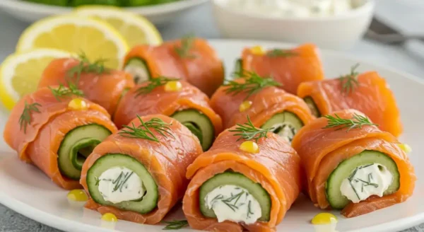 Ultimate Smoked Salmon Crossword Clues Smoked salmon rolls on cucumber slices with dill and cream cheese.