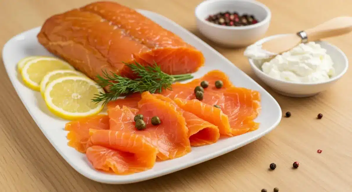 Ultimate Smoked Salmon Crossword Clues Smoked salmon Crossword Clues platter with lemon wedges, dill, and capers on a ceramic serving plate.