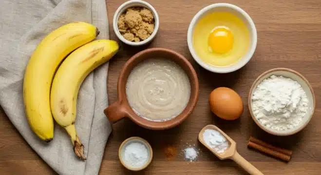 The Ultimate Guide to Making Fluffy Sourdough Banana Muffins with Discard A flat lay of ingredients for sourdough banana muffins, including bubbly liquid sourdough discard, ripe bananas, brown sugar, melted butter, cracked egg, flour, baking soda, salt, and cinnamon.