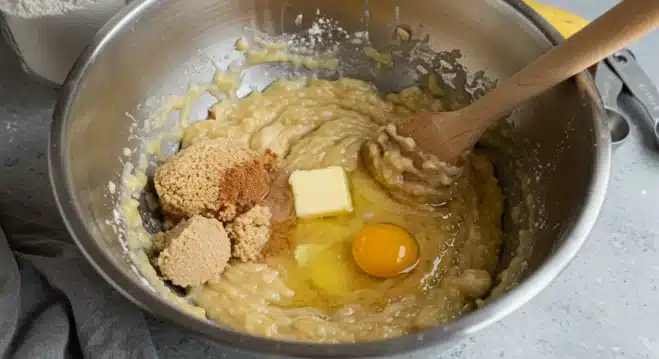 The Ultimate Guide to Making Fluffy Sourdough Banana Muffins with Discard Mixing sourdough banana muffin ingredients in a large bowl, including mashed bananas, sourdough discard, brown sugar, melted butter, egg, and cinnamon.