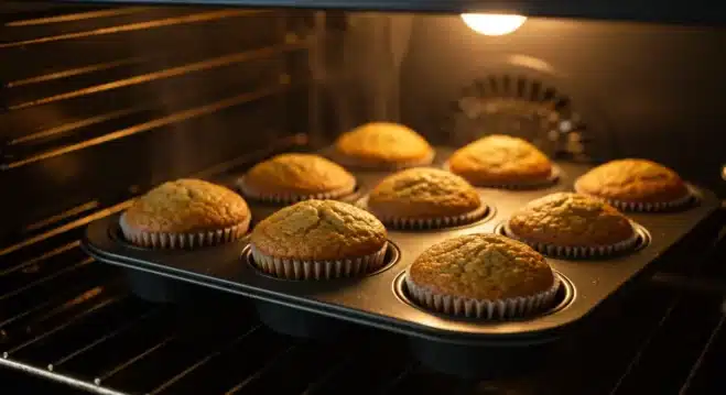 The Ultimate Guide to Making Fluffy Sourdough Banana Muffins with Discard Sourdough banana muffins baking in a muffin pan inside the oven, with golden-brown tops and a fluffy texture.