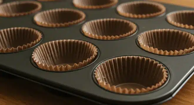 The Ultimate Guide to Making Fluffy Sourdough Banana Muffins with Discard Muffin pan lined with muffin papers, ready for batter.
