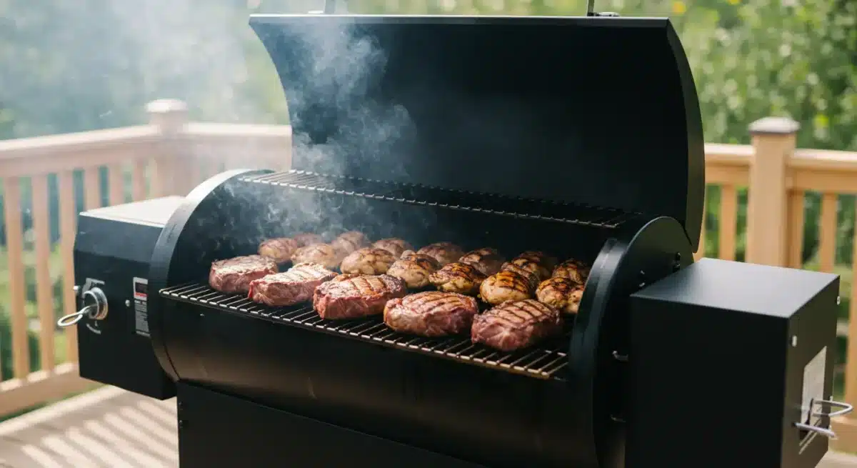 Pellet Grill Recipes: The Ultimate Guide to Mastering Wood-Fired Cooking Pellet grill cooking meat and vegetables with flavorful smoke.