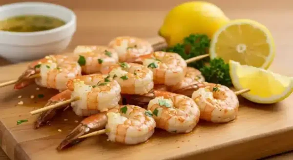 Freshly marinated shrimp skewers with garlic butter and smoked paprika on a wooden board, ready for grilling or baking.