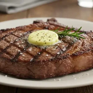 How To Make Reverse Sear Steak Pellet Grill Thick-cut, perfectly seared steak on a white ceramic plate with butter drizzle and fresh rosemary.