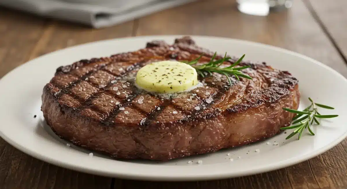 How To Make Reverse Sear Steak Pellet Grill Thick-cut, perfectly seared steak on a white ceramic plate with butter drizzle and fresh rosemary.