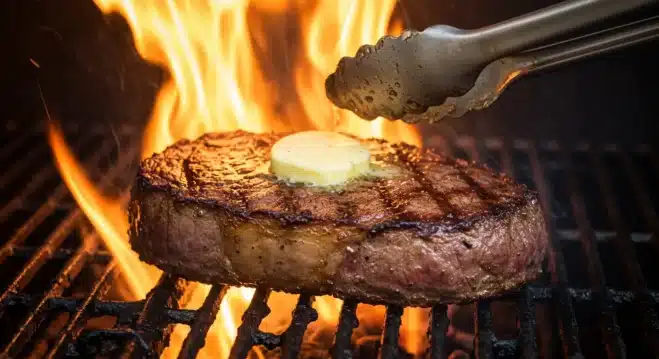 How To Make Reverse Sear Steak Pellet Grill Reverse-seared steak getting a high-heat sear on a pellet grill with butter melting over the top."