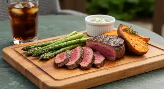 How To Make Reverse Sear Steak Pellet Grill A reverse-seared steak sliced on a wooden board, served with grilled asparagus and roasted sweet potatoes.
