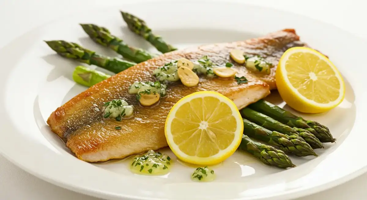 Smoked Trout Brine: The Only Recipe You’ll Ever Need Smoked lake trout fillets plated with roasted asparagus and lemon slices on a ceramic dish.
